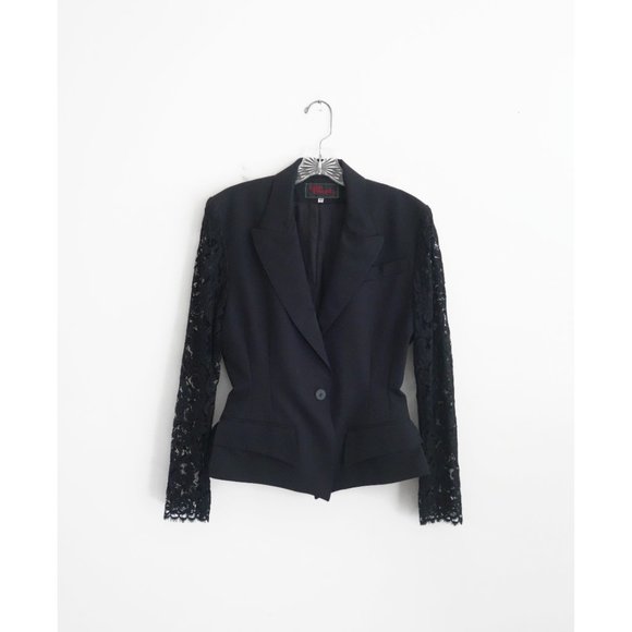 Vintage 80s Lolita Lempicka Black Wool Lace Skirt Suit FR 40 US 6 8 - Picture 2 of 10